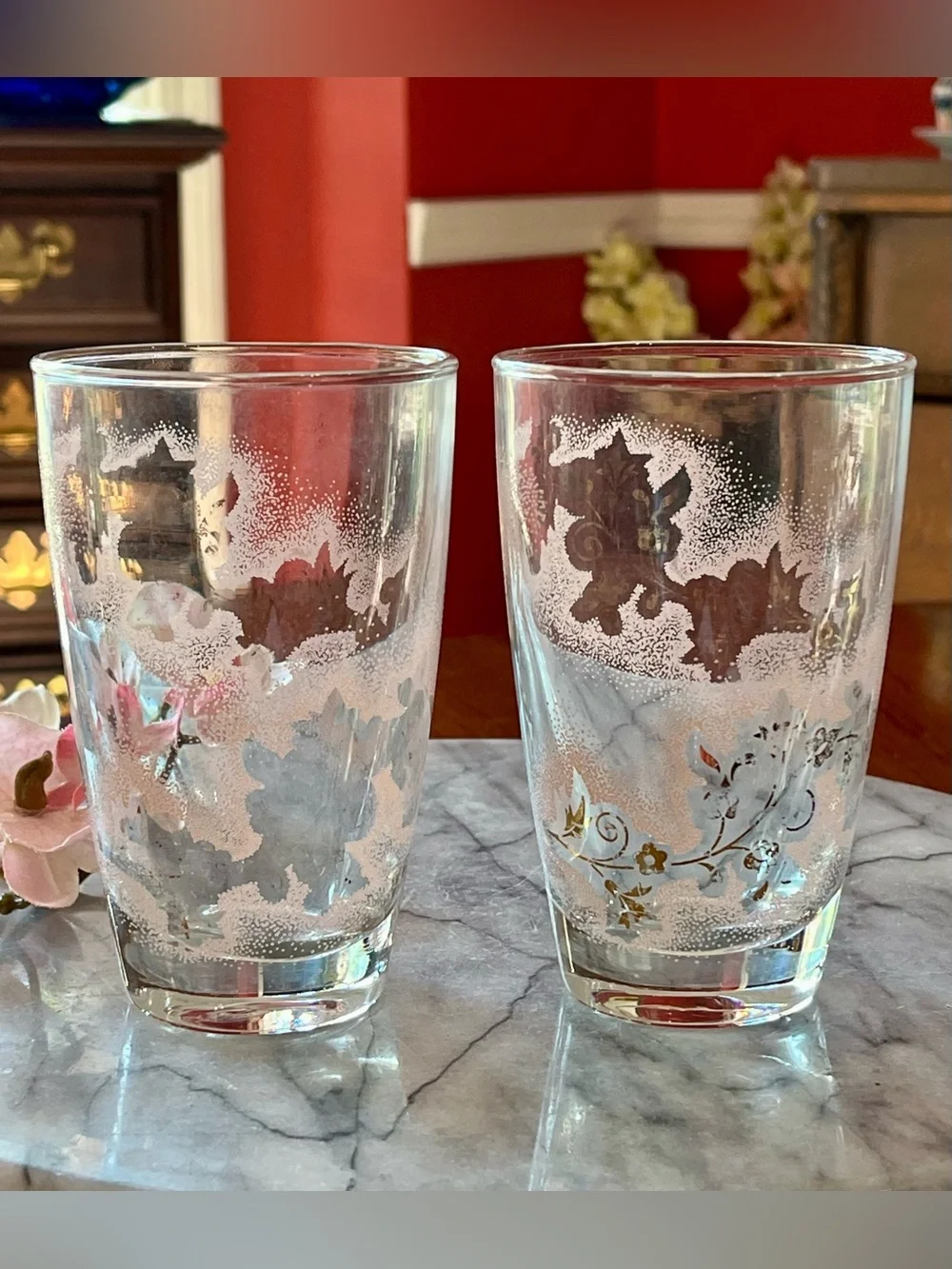 VTG Libbey Duchess Pink Gold Floral Tumbler Glasses Mid Century Modern Set of 2